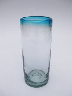 Mexican Blown Glass Highball Glasses Aqua Blue Rim Set of 6 E5106