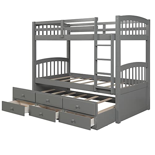 Twin Over Twin Solid Wood Bunk Bed with Storage Drawers and Trundle (Espresso) B92589