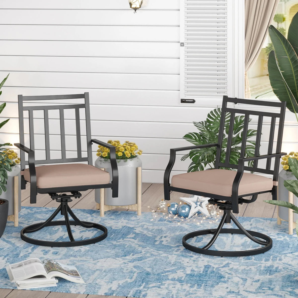 Set of 2 Metal Swivel Outdoor Dining Chairs with Beige Cushions K6971
