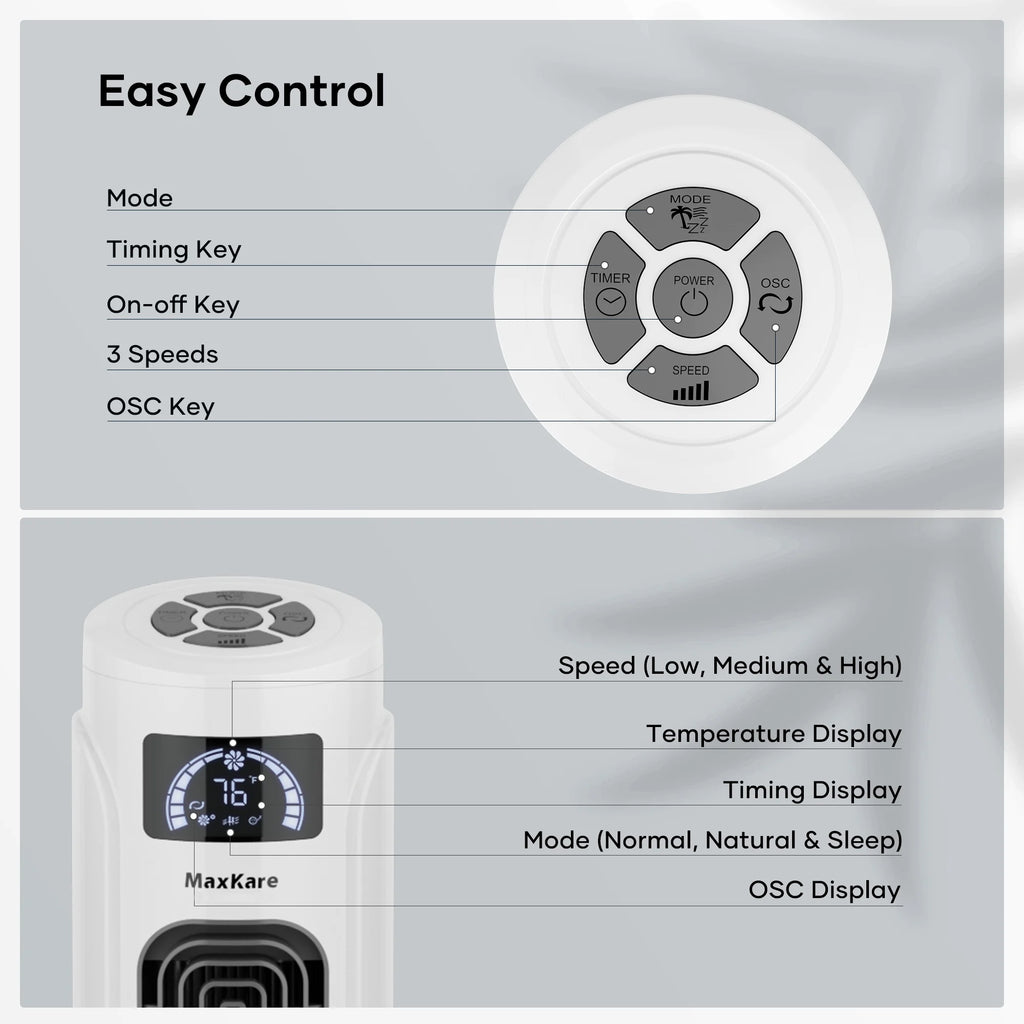 36 Tower Fan 120° Oscillating 60dB Quiet with Remote Control White S586