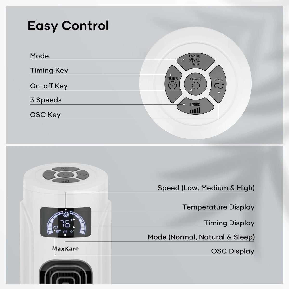 36 Tower Fan 120° Oscillating 60dB Quiet with Remote Control White S586