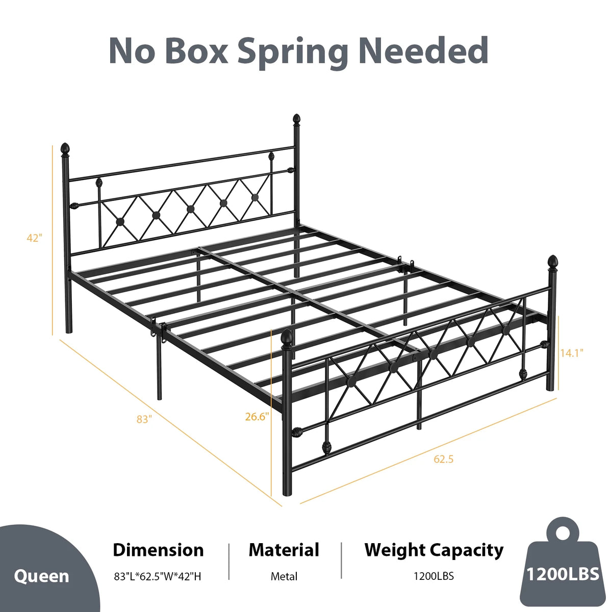 Black Queen Size Metal Platform Bed Frame with Headboard H775
