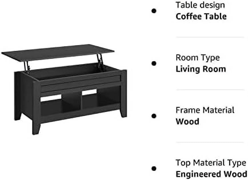 Black Wood Lift Up Coffee Table with Hidden Storage and 2 Open Shelves W485346