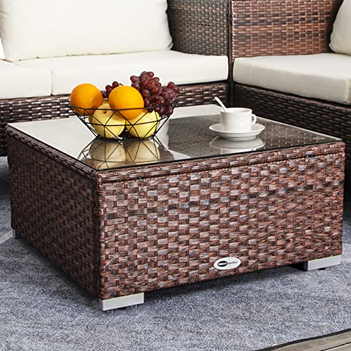 Outdoor Wicker Coffee Table with Glass Top, 25.2in Mixed Brown B26936