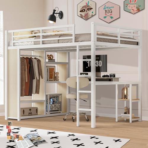 Queen Heavy Duty Metal Loft Bed with L-Shaped Desk, Wardrobe & 5 Storage Shelves X92616