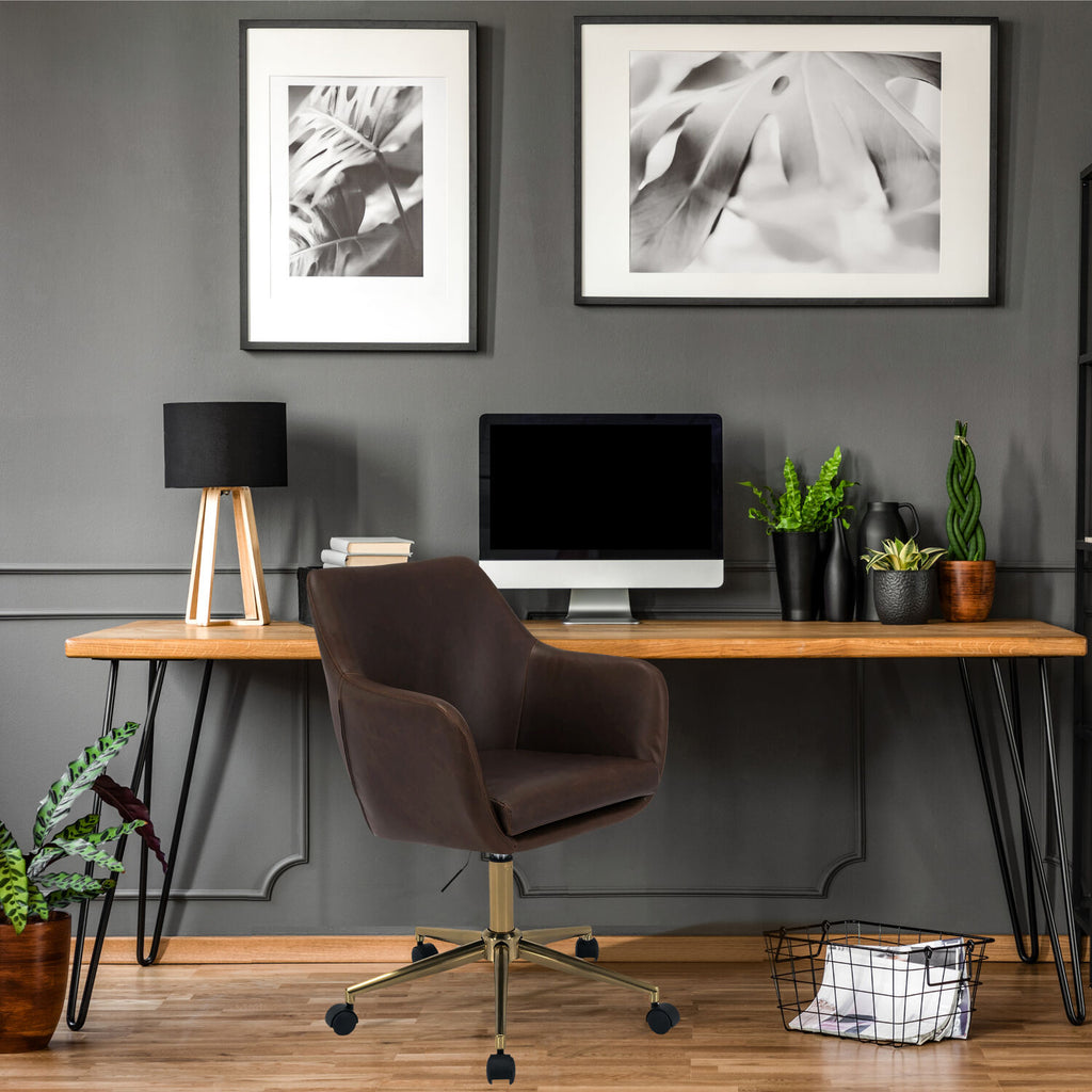 Tufted Office Chair in Faux Brown Leather with Wheels N682963
