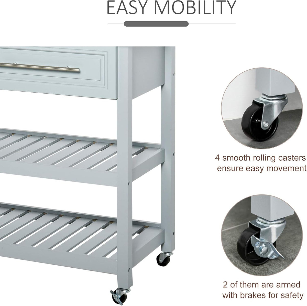 Grey Stainless Steel Top Rolling Utility Cart with Drawers and Shelves X46277