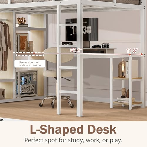 Queen Heavy Duty Metal Loft Bed with L-Shaped Desk, Wardrobe & 5 Storage Shelves X92616