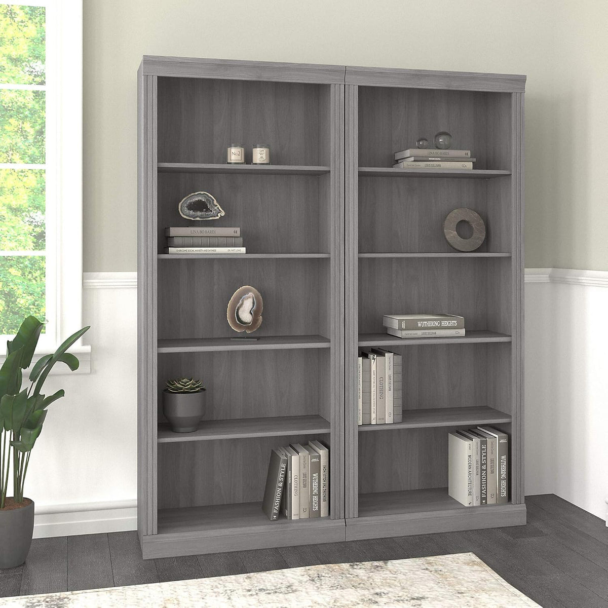 Set of 2 Tall 5 Shelf Bookcase, Modern Gray K990