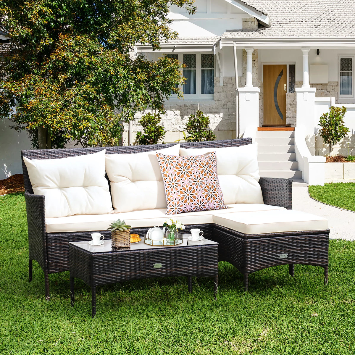 3 Pc Cushioned Patio Rattan Sofa Set G7951