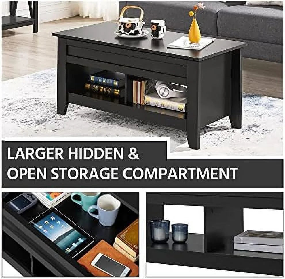 Black Wood Lift Up Coffee Table with Hidden Storage and 2 Open Shelves W485346