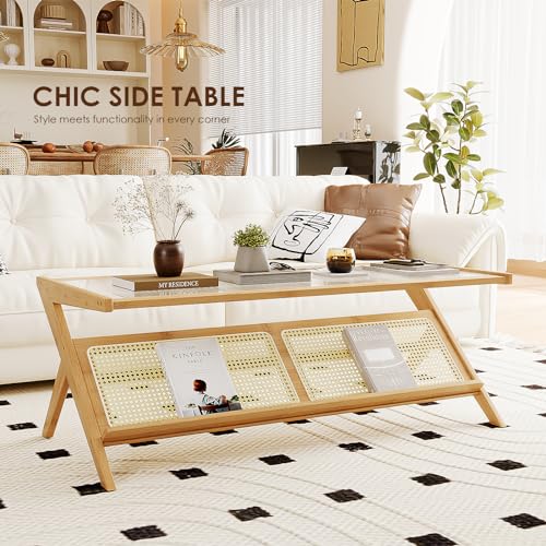 Mid-Century Modern Coffee Table with Glass Top Rattan Storage Q851314