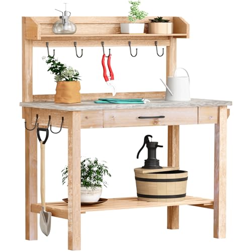 Outdoor Potting Bench Table with Storage Drawer and Removable Shelf Rack Q10160