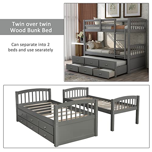 Twin Over Twin Solid Wood Bunk Bed with Storage Drawers and Trundle (Espresso) B92589