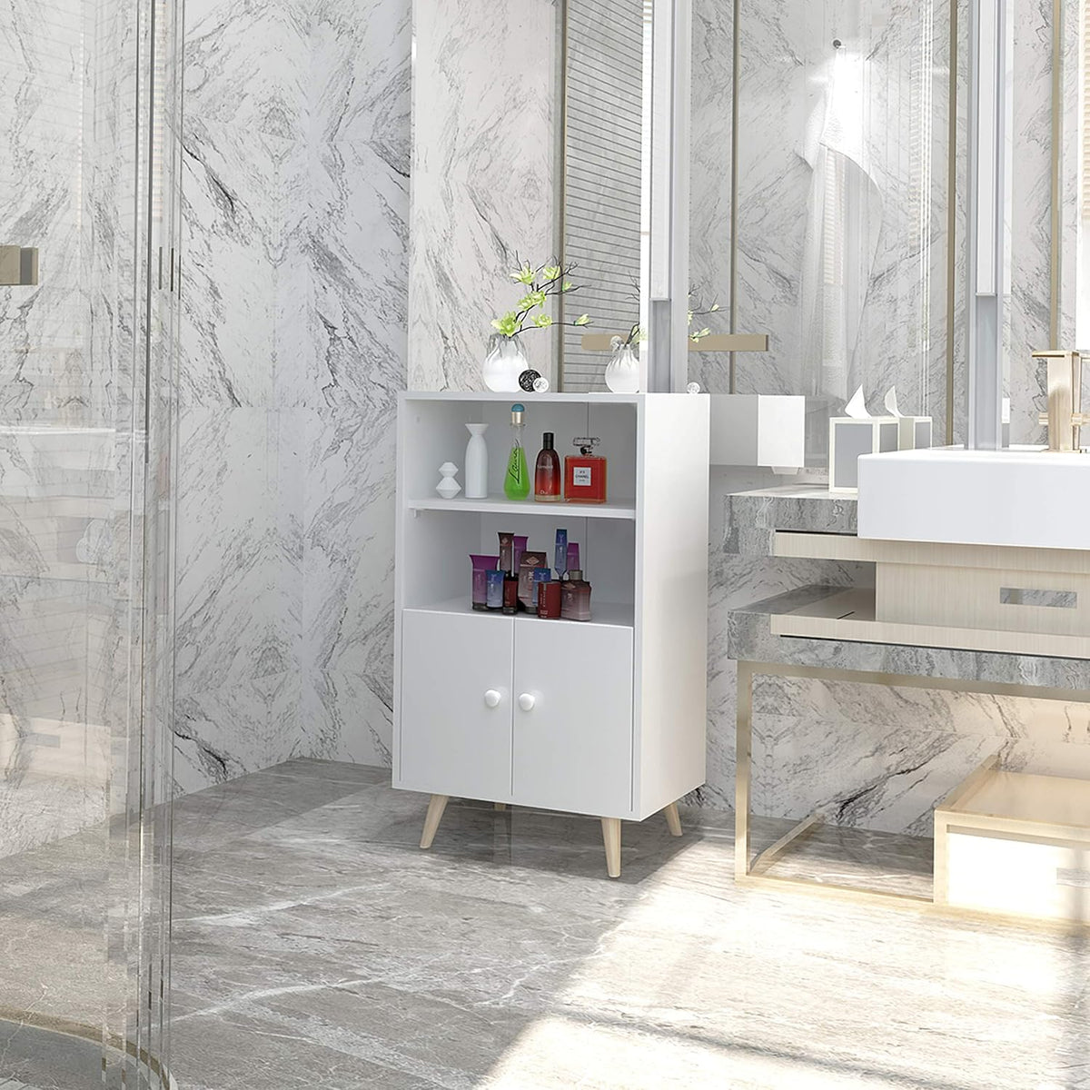 Ivory White Freestanding Storage Cabinet with 2 Open Shelves and Cupboard L3280