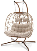 Beige Wicker Double Egg Chair with Stand Q4526