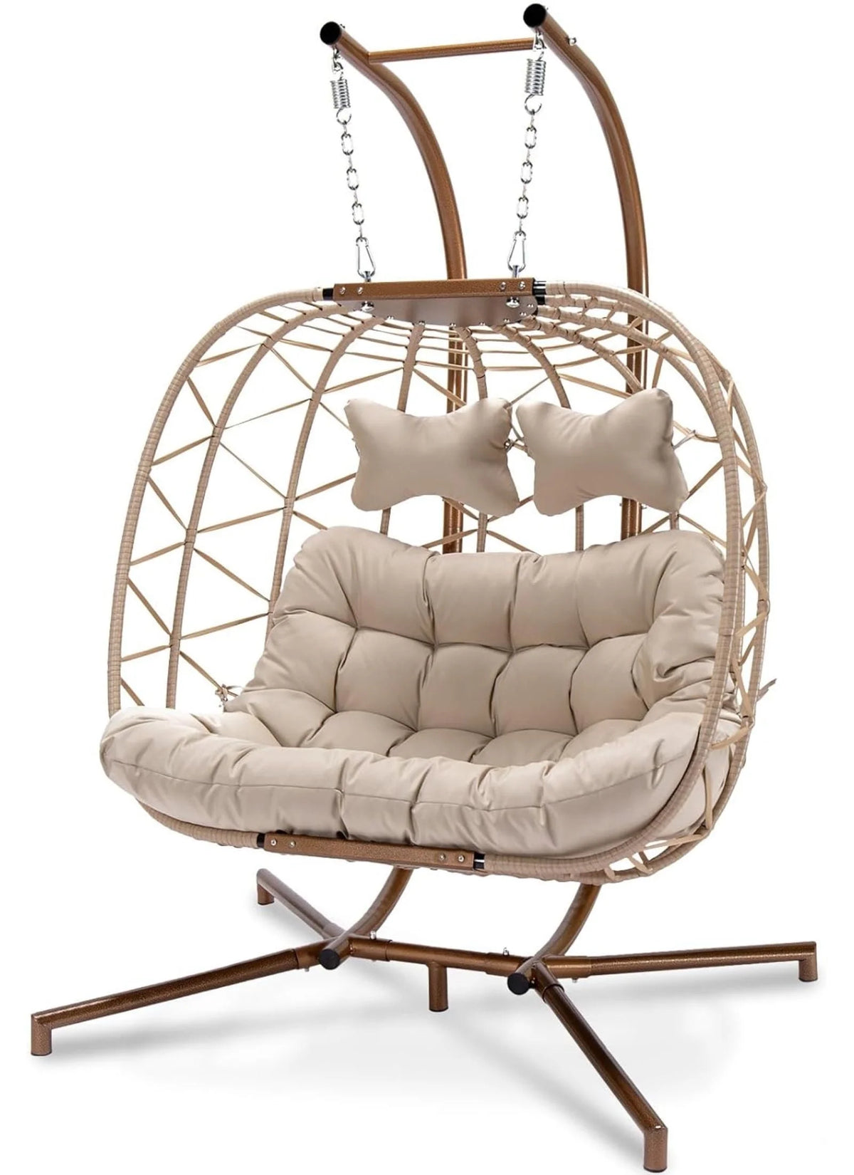 Beige Wicker Double Egg Chair with Stand Q4526
