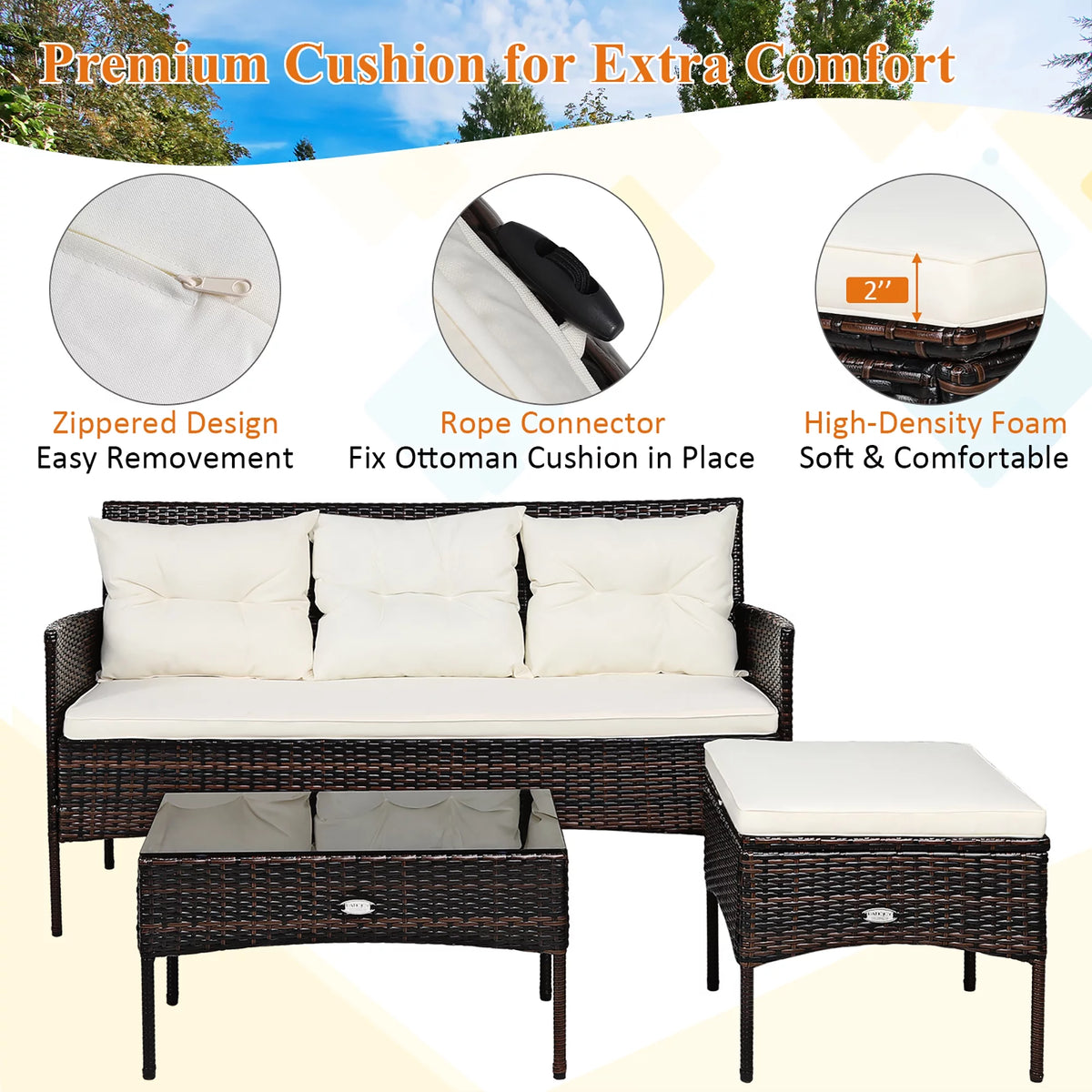 3 Pc Cushioned Patio Rattan Sofa Set G7951
