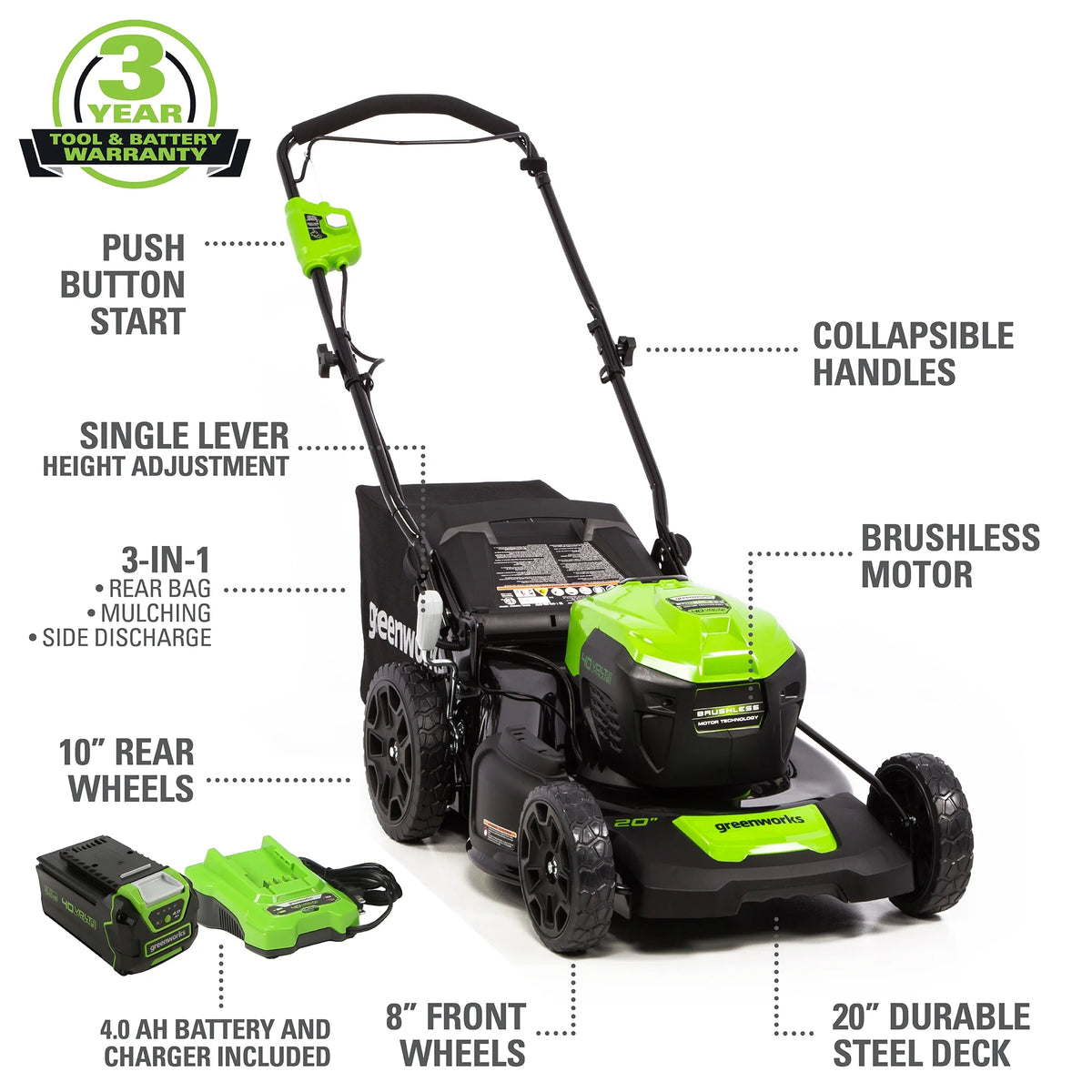 40V Brushless Push Lawn Mower with 4.0 Ah Battery & Quick Charger T5566
