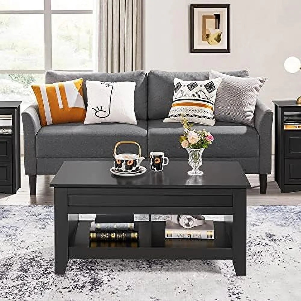 Black Wood Lift Up Coffee Table with Hidden Storage and 2 Open Shelves W485346