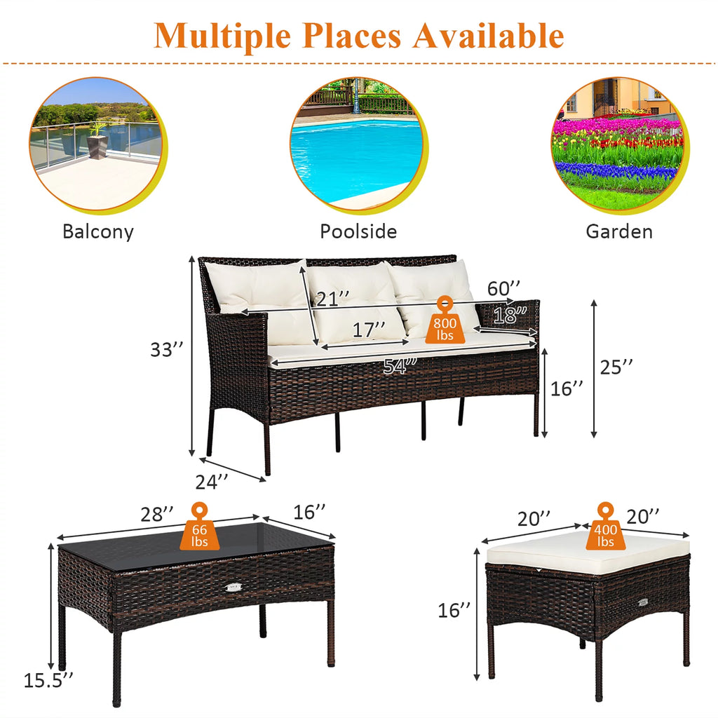 3 Pc Cushioned Patio Rattan Sofa Set G7951