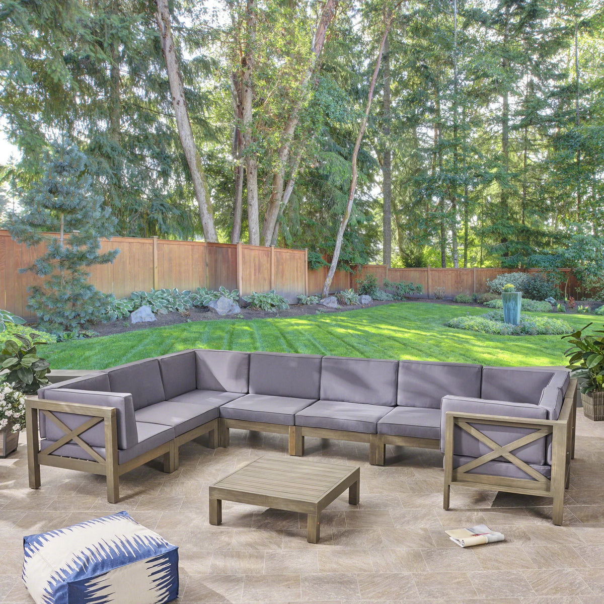 Acacia Wood 8 Seater Sectional Sofa Chat Set with Cushions B983