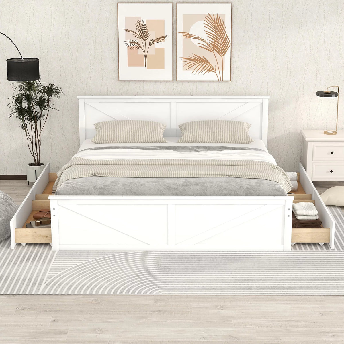 White King Size Wood Bed Frame with Storage Drawers B45872