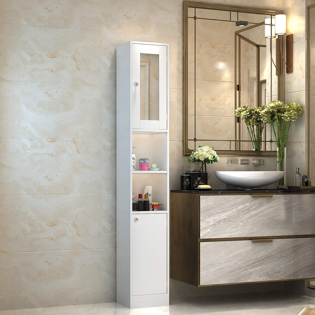 Ivory White Freestanding Storage Cabinet with 2 Open Shelves and Cupboard L3280