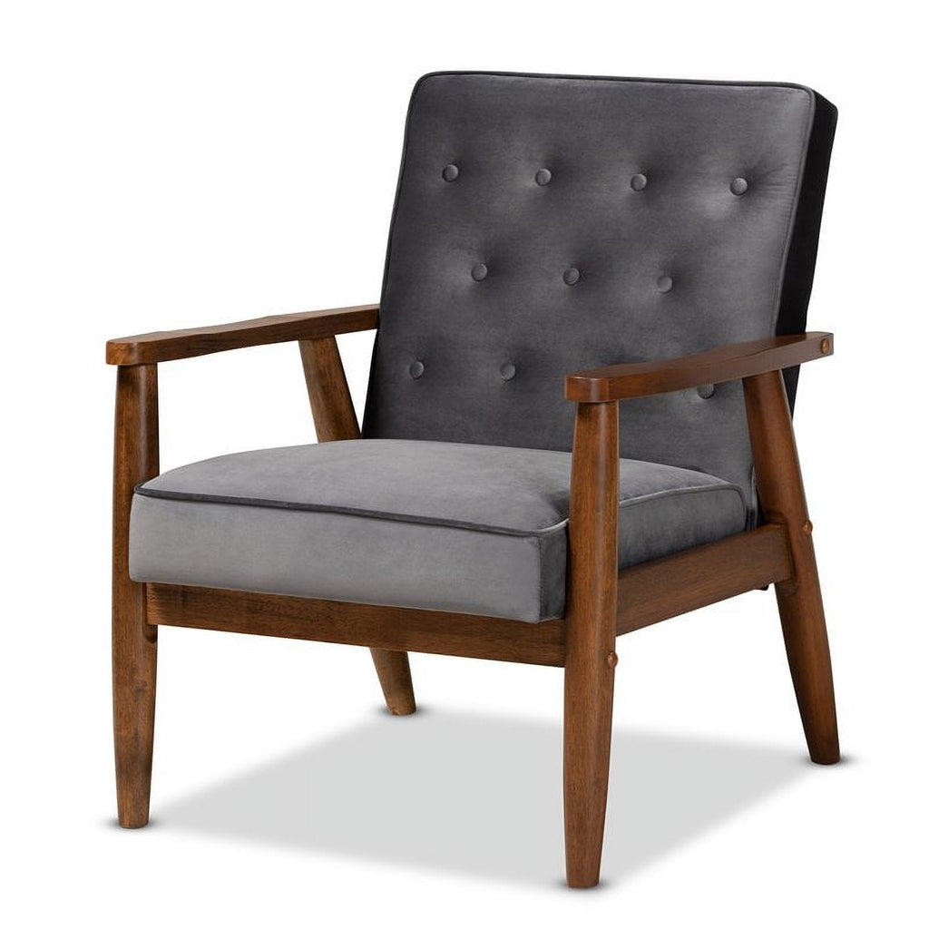 Grey Velvet Upholstered Wood Lounge Chair I56806