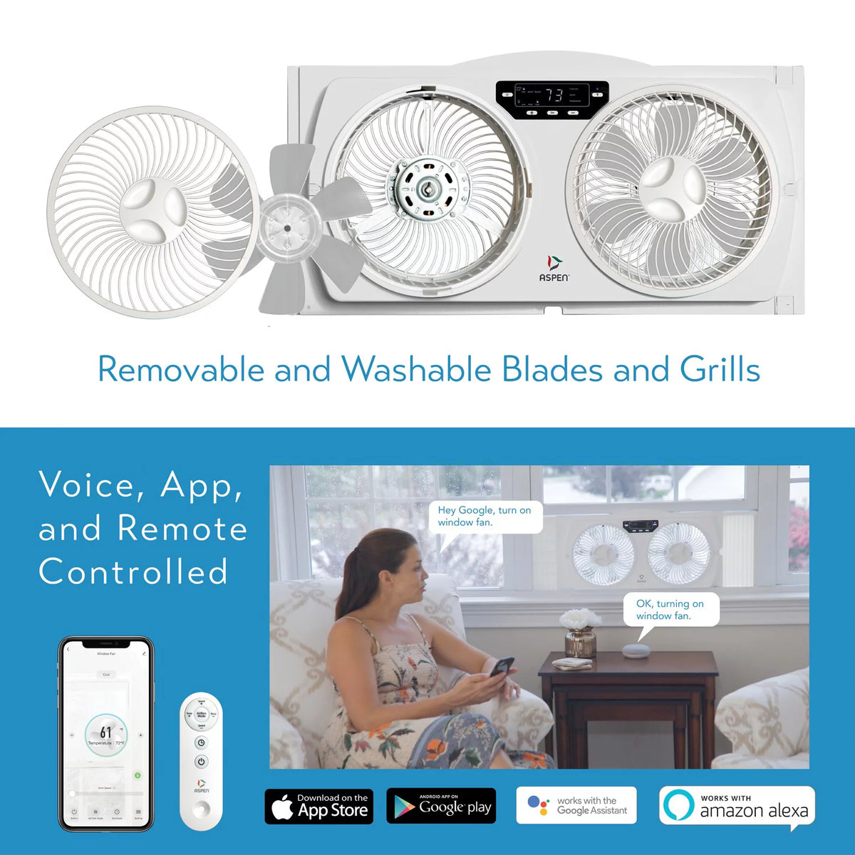 Smart Wi-Fi Window Fan with Washable Blades Y2737
