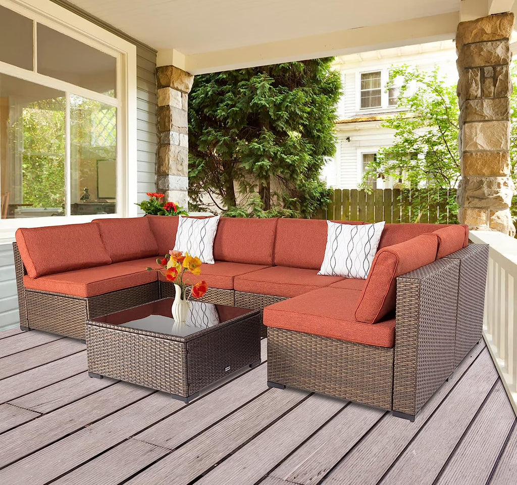 Maple Red Cushions 7Pcs Outdoor Wicker Sectional Sofa F207987