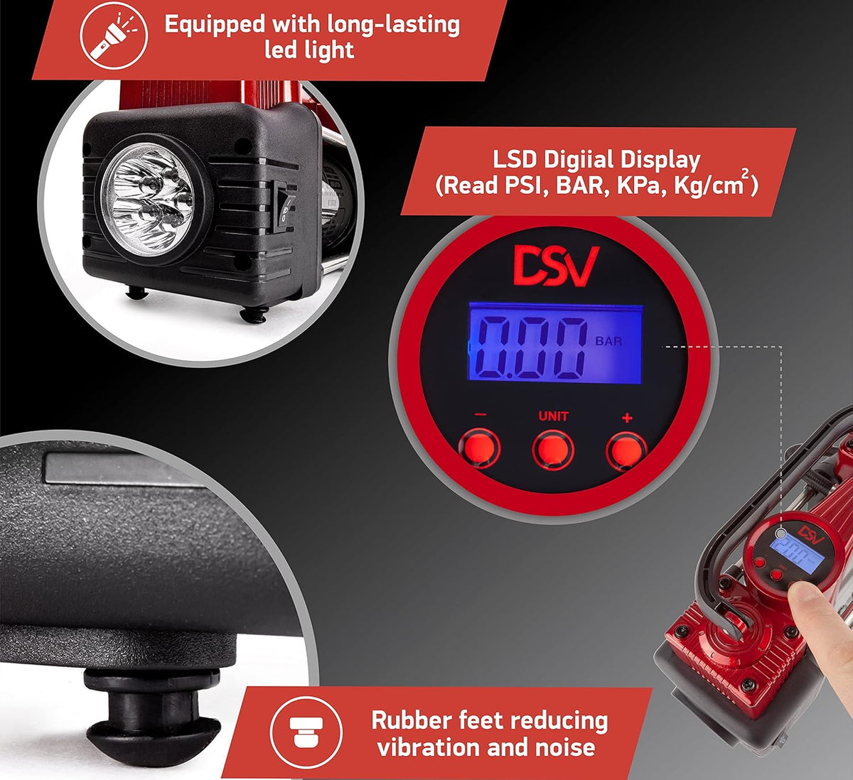 Portable Heavy Duty Double Cylinder Car Air Compressor Digital Tire Inflator, 12V 150PSI Air Pump with Auto Shut Off, LED Light, Extension Hose B9932