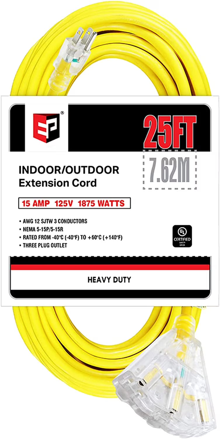 25 Ft 12/3 SJTW Extension Cord with 3 Electrical Power Outlets T81157