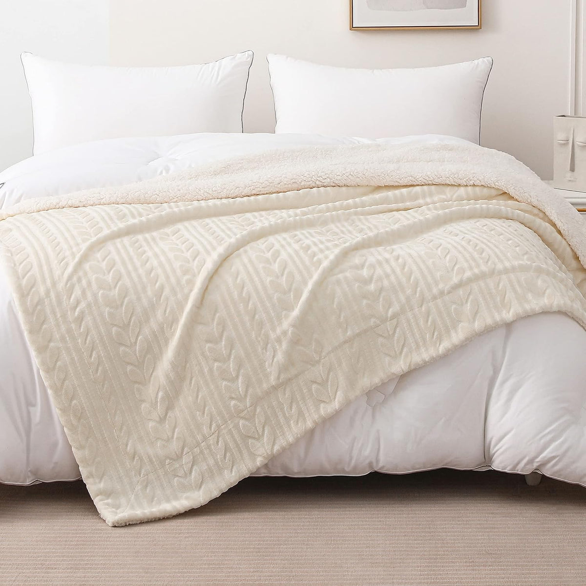 Camel Sherpa Fleece Throw Blanket with Leaves Pattern V581