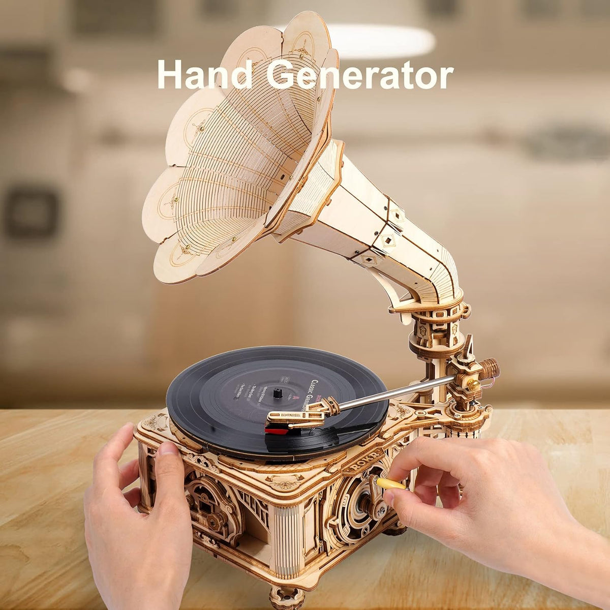 3D Wooden Puzzles Record Player DIY Mechanical Gramophone H486