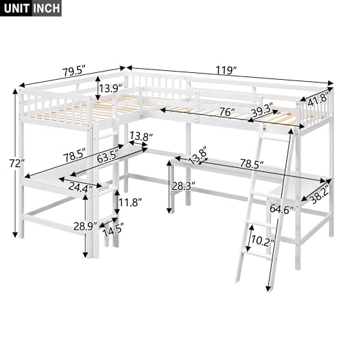 White L-Shaped Wood Twin Size Loft Bed with Desk and Ladder E869048