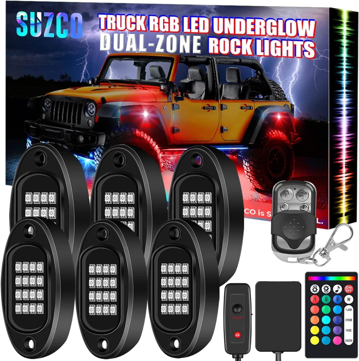 6-Pack LED RGB Neon Underglow Pod Rock Lights Kit, 96LEDs, Waterproof 12V W249