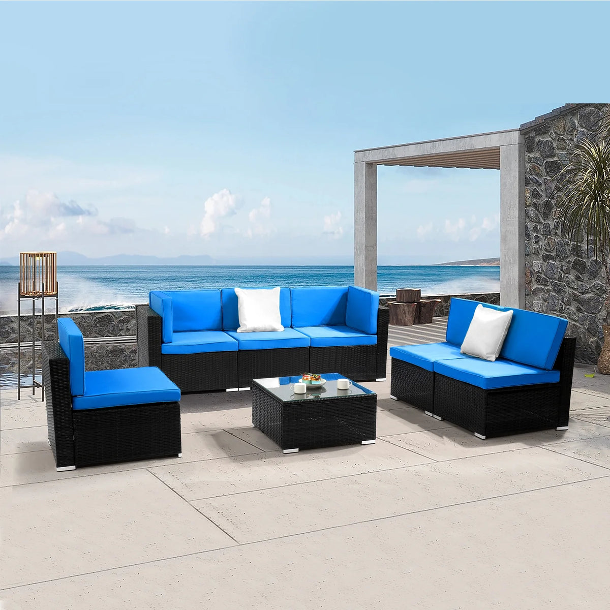 Blue and Black PE Rattan Patio Sectional Set with Table P34956