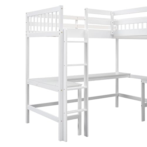 White L-Shaped Wood Twin Size Loft Bed with Desk and Ladder E869048