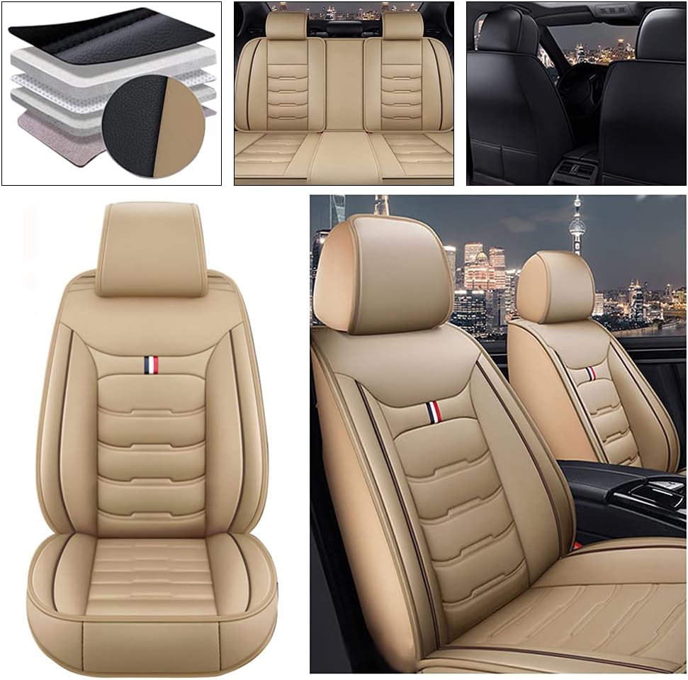 Beige PU Leather Car Seat Covers 5 Seats X63977