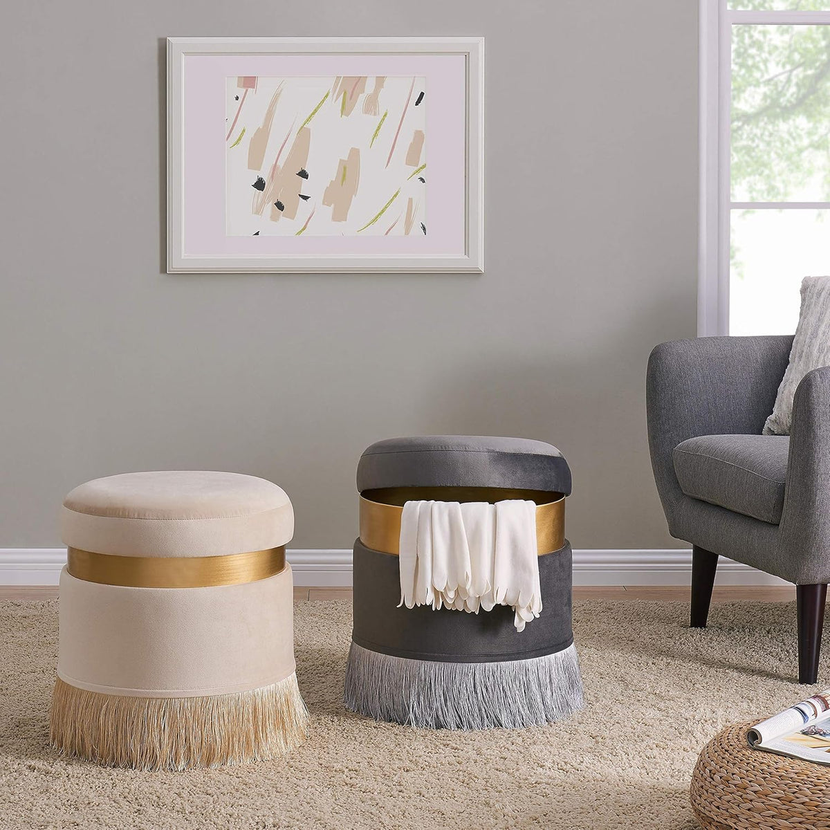 Cream Velvet Round Storage Ottoman U38492