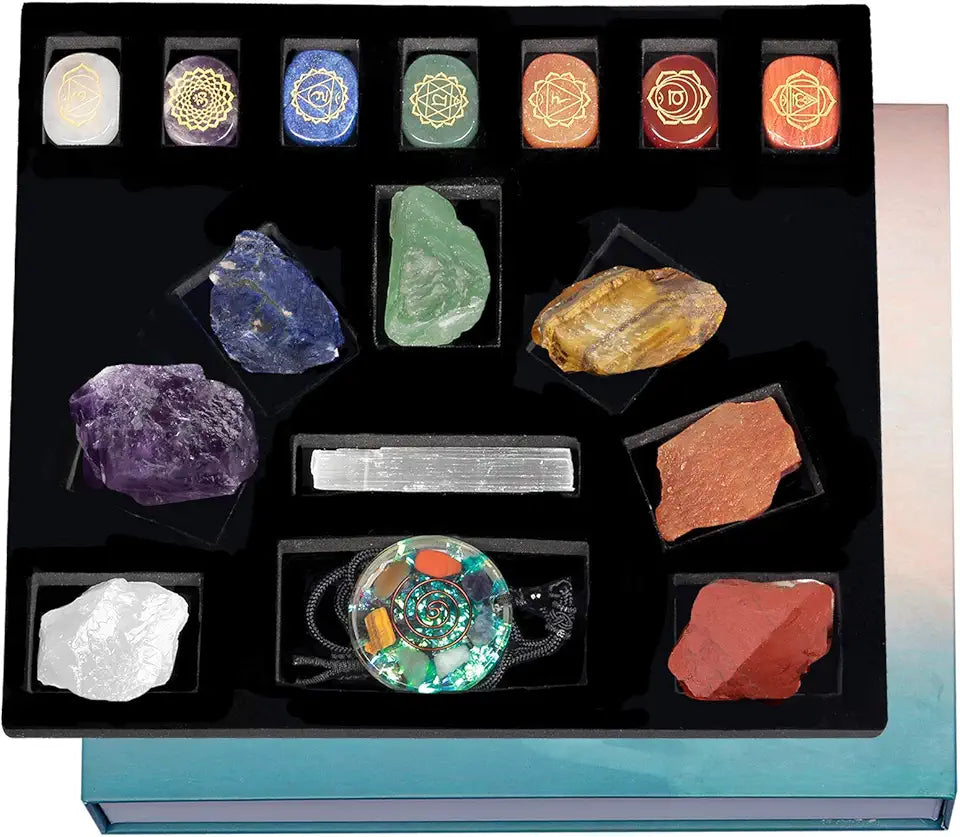 7 Raw Chakra Stones Selenite Crystal Wand Orgone Pendant Necklace Crystal Healing Set N61864