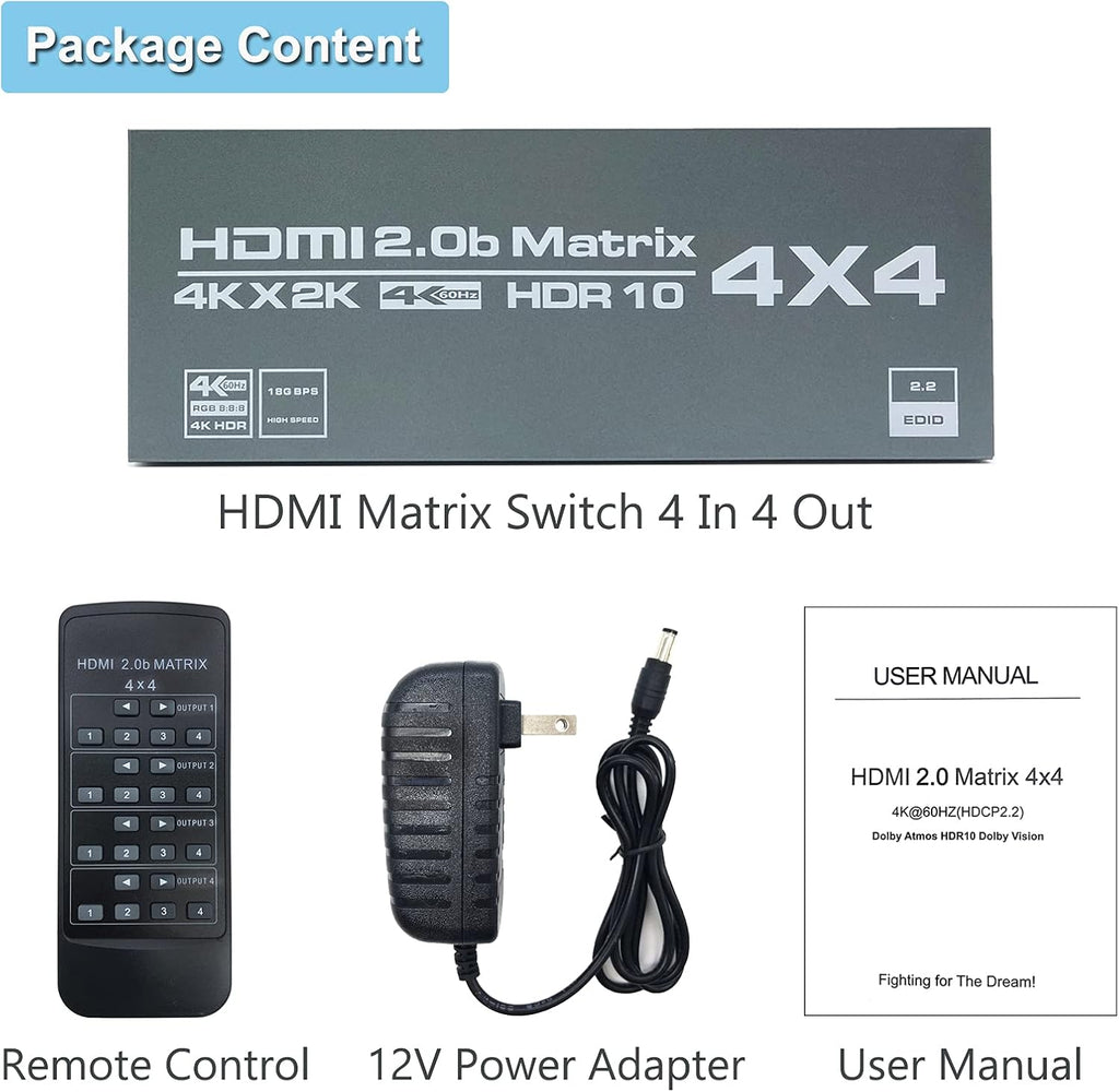 4K@60Hz HDMI Matrix Switch 4x4 with EDID Scaler and Remote Control P44491