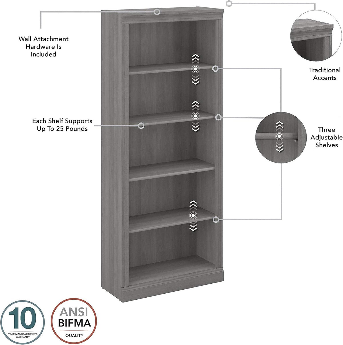 Set of 2 Tall 5 Shelf Bookcase, Modern Gray K990