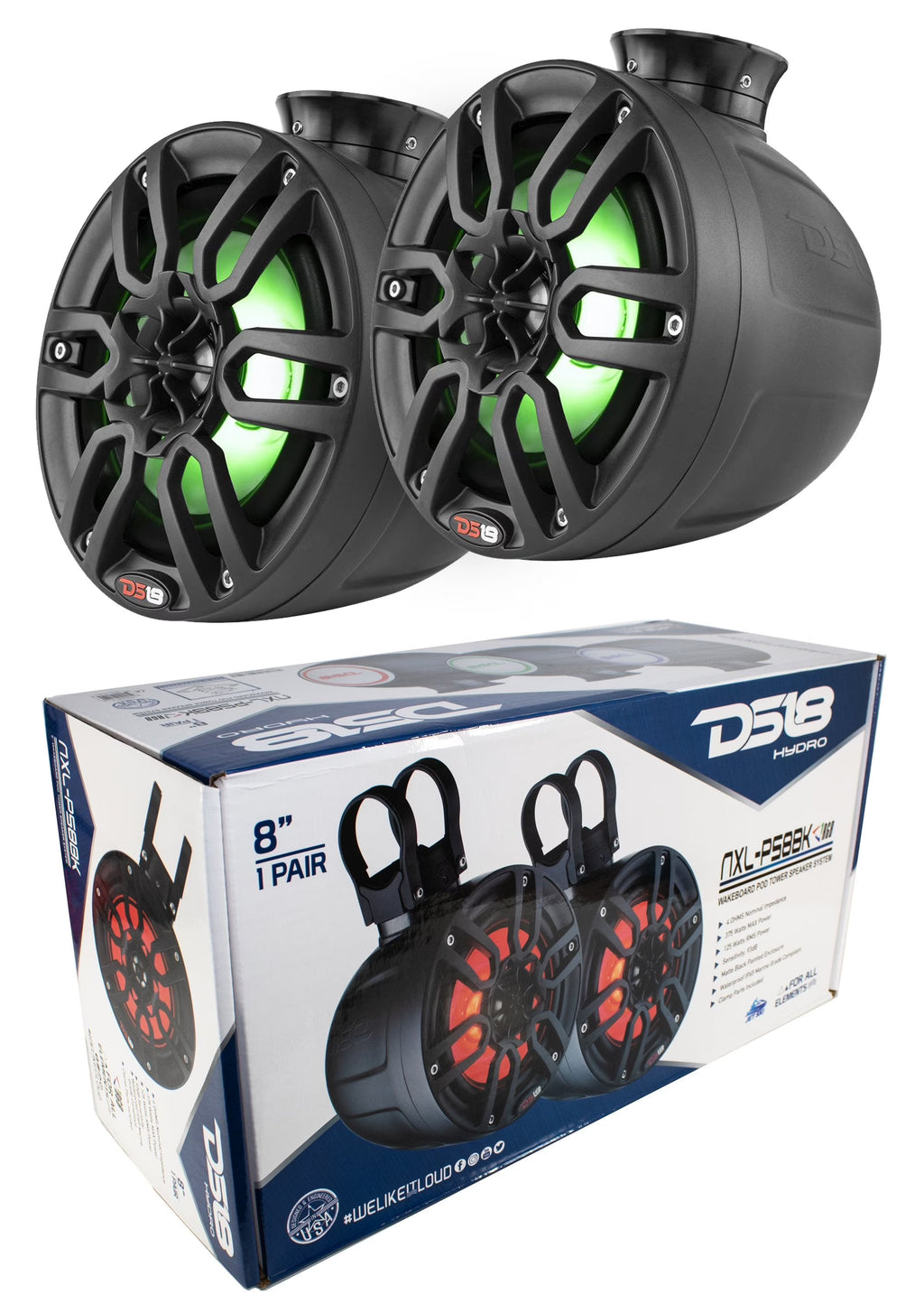 Mini 8" Marine Pod Speakers 750W Black RGB LED A5740
