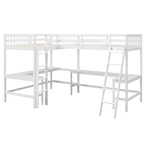 White L-Shaped Wood Twin Size Loft Bed with Desk and Ladder E869048