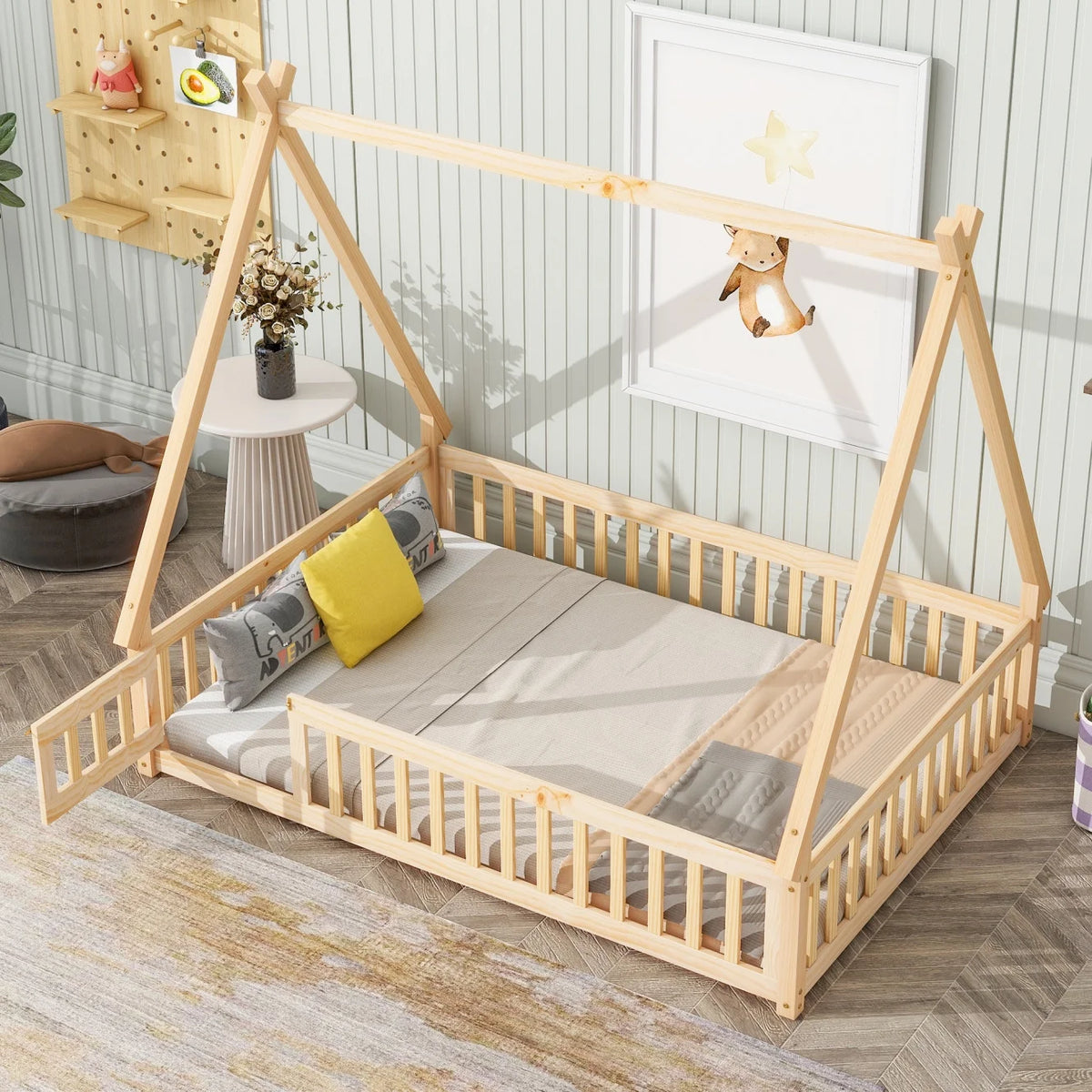 Twin Size Grey Wooden Floor Bed with Guardrail A962885