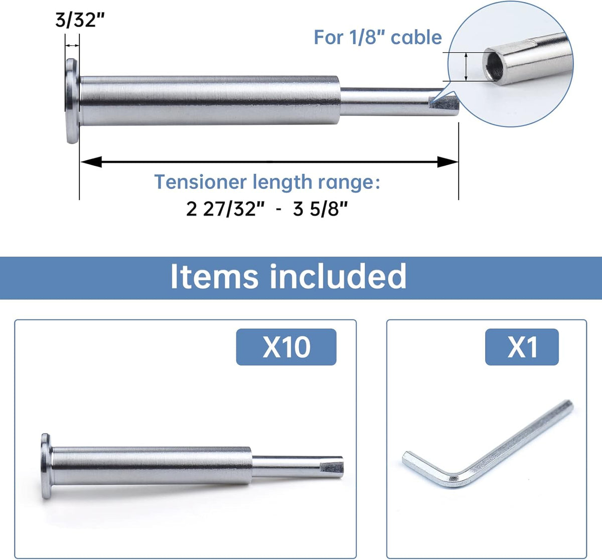 10 Pair Invisible Cable Railing Kit 1/8 Swage Tensioner T316 Stainless Steel I4550