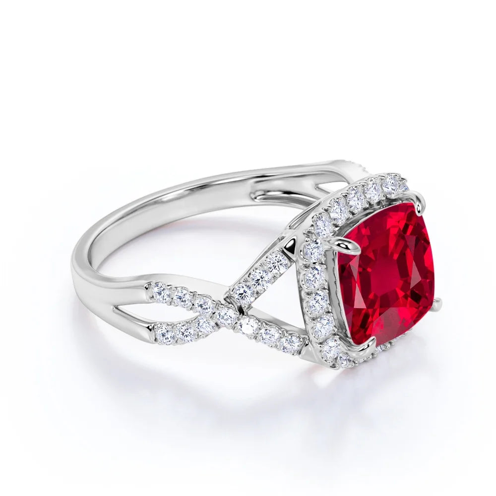 Cushion Cut Lab Created Ruby and Moissanite Crossover Pave Engagement Ring V997957