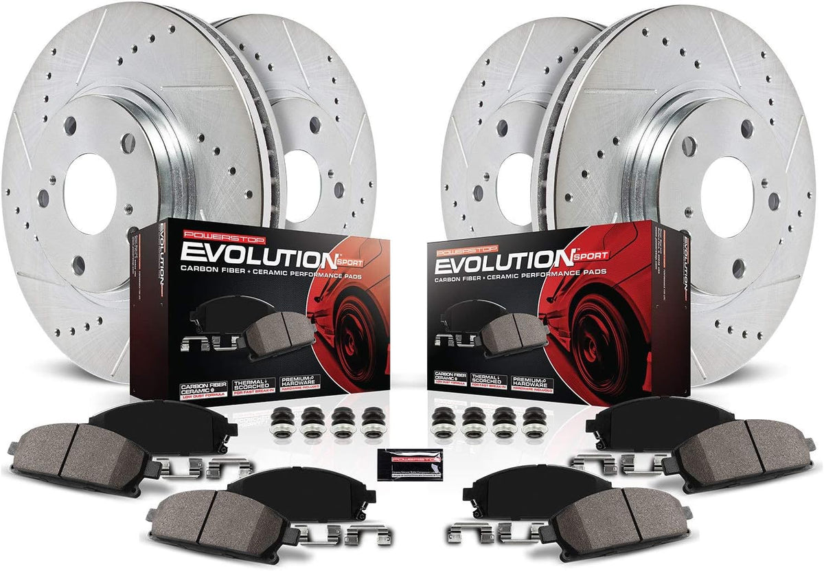 Front and Rear Carbon Fiber Brake Pads with Drilled & Slotted Brake Rotors Kit L115